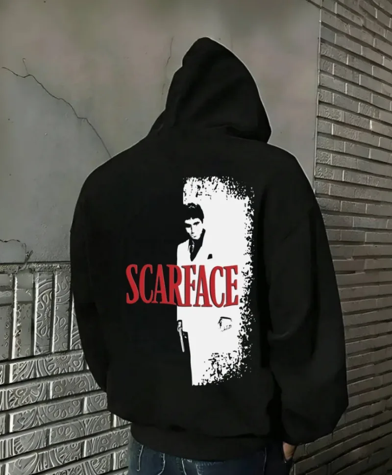 2025, Scarface Evil Star Retro Gangster, personalisierbar, bedruckt, Herren-Herbst/Winter, plus samtdick, Y2K-Halloween-COS-Hoodie