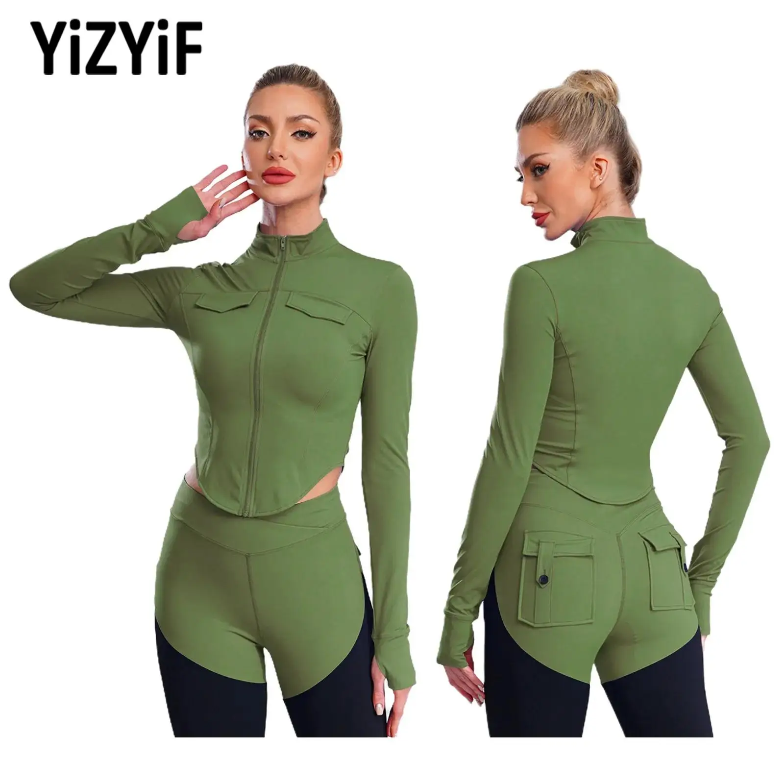 

Adults Women Yoga Jacket Top Curved Hem Workout Jacket Zip-Up Running Athletic Tops Thumb Holes Long Sleeves Crop Top Outerwear