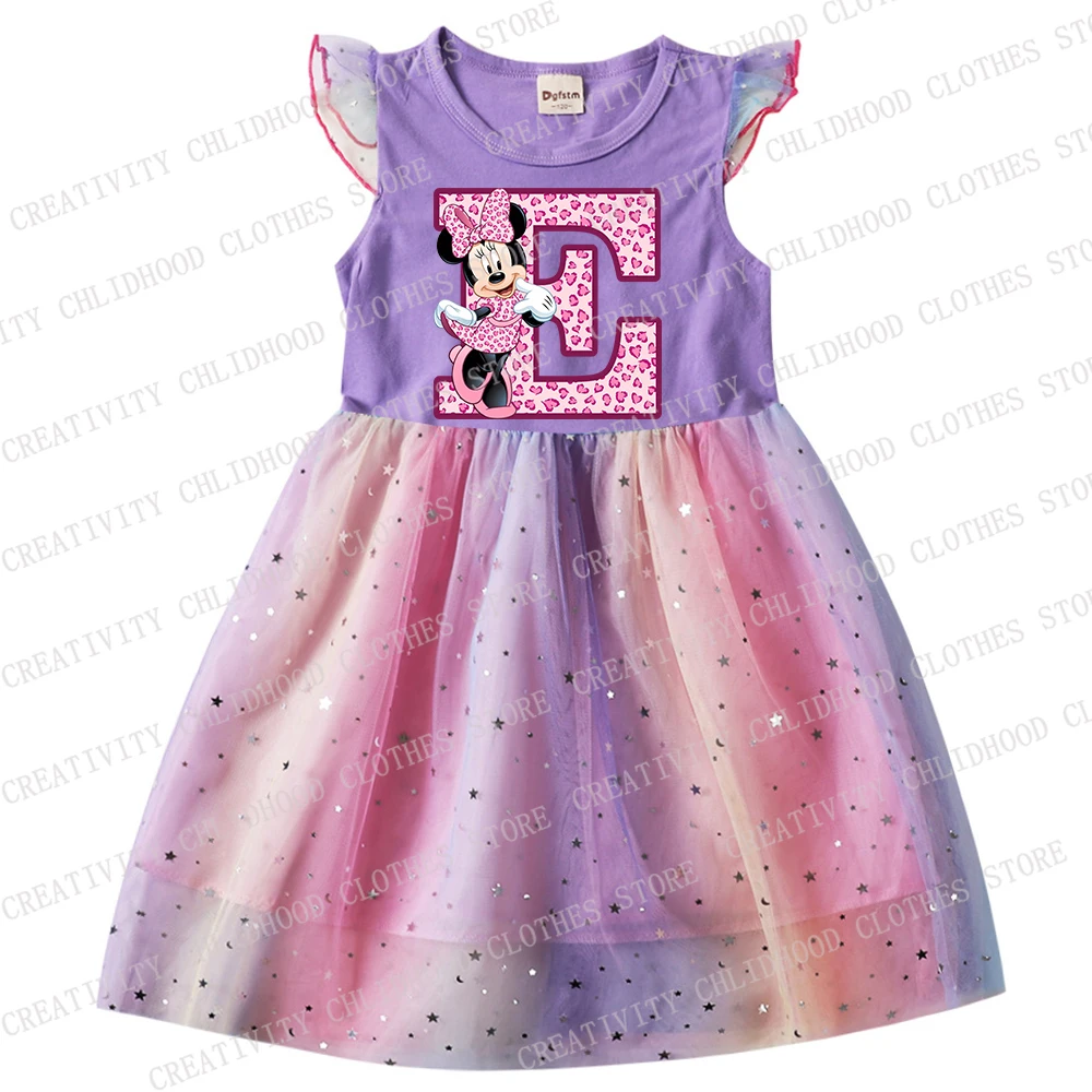 Minnie Mouse Letter A B C D Kids Girl Dress Disney Print Dresses Children Cartoons Casual Clothes Girls Kawaii Gauze Baby Gifts