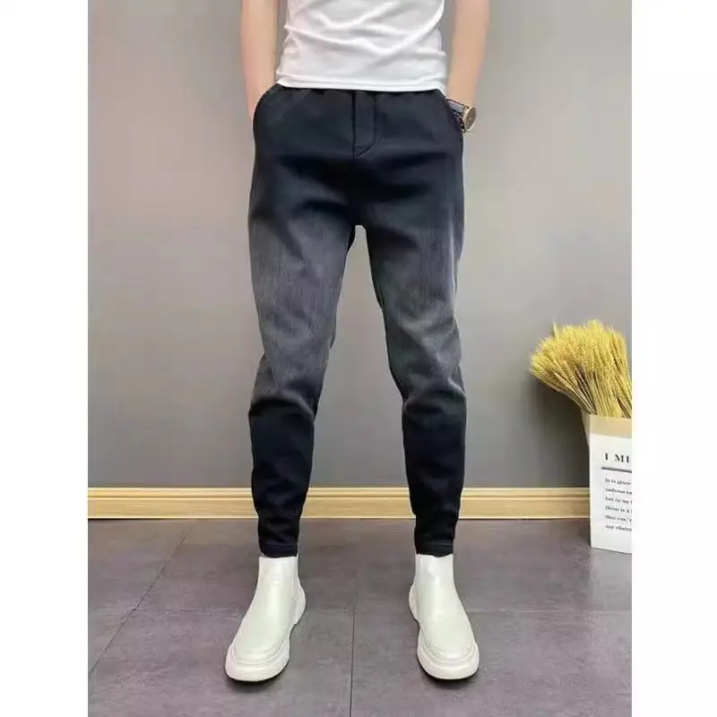 

Мужские джинсы Slim Fit: модные брендовые весенние новинки, повседневные эластичные брюки-галифе, молодежные прямые джинсы-трубы