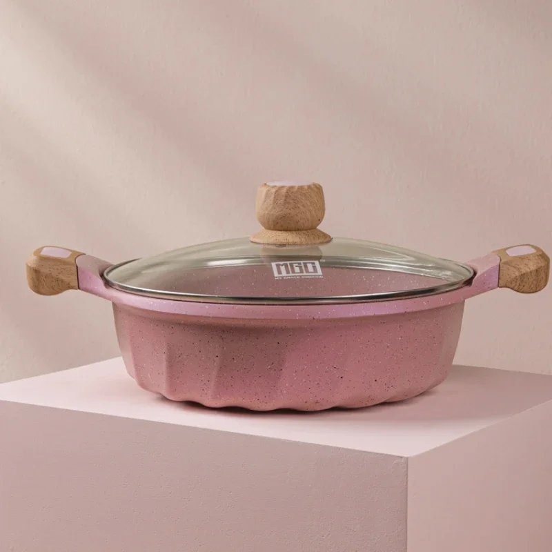 

Каменная антипригарная глубокая сковорода: специальная розовая кухонная кастрюля для индукционной плиты, здоровая сковорода для супа, антипригарная сковорода