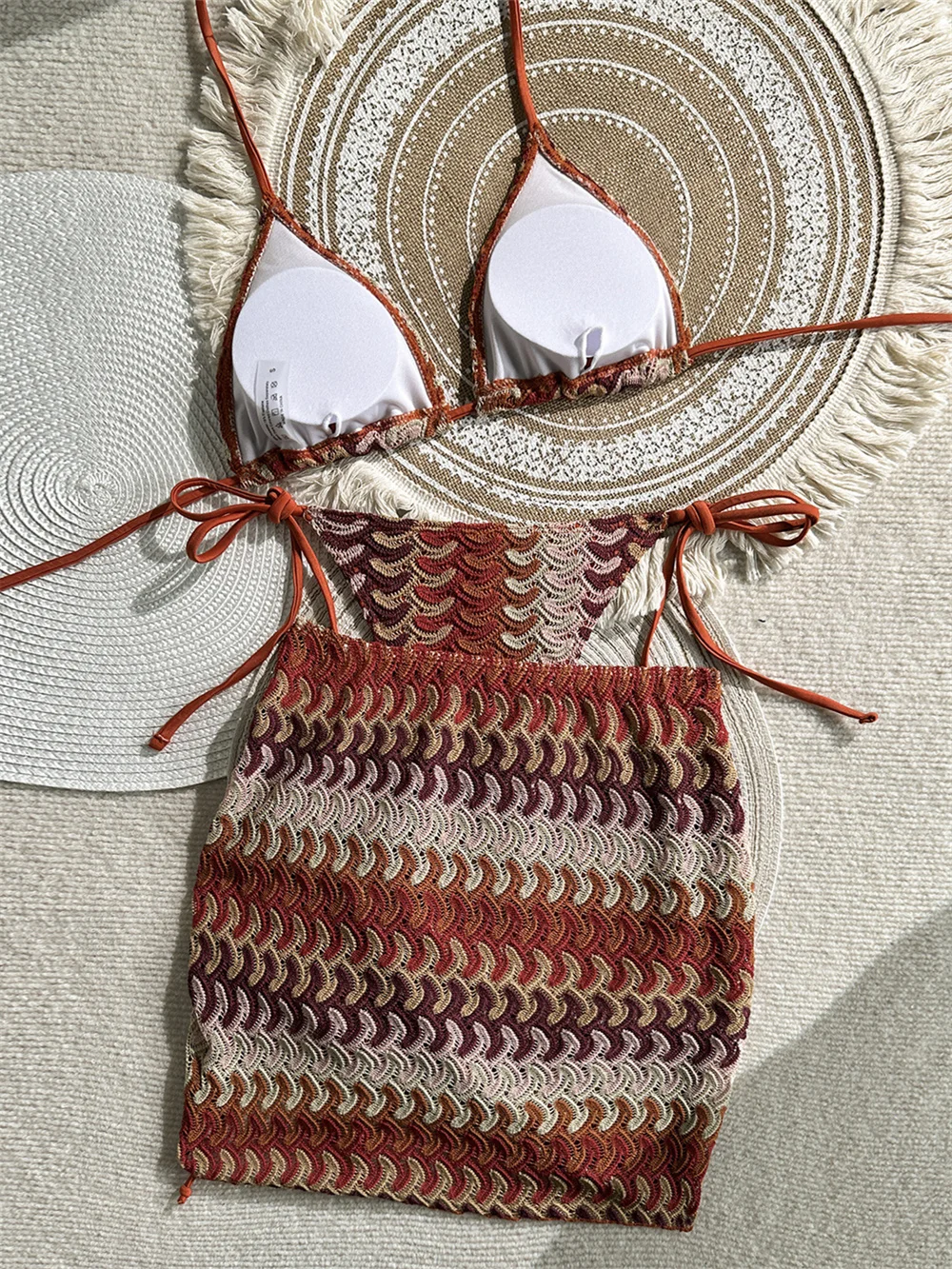 Vintage Boho Knitted Bikini Skirt Micro String Backless Swimsuit Vacation Swimwear Women Bikinis Sets Crochet Beach Swim Outfit