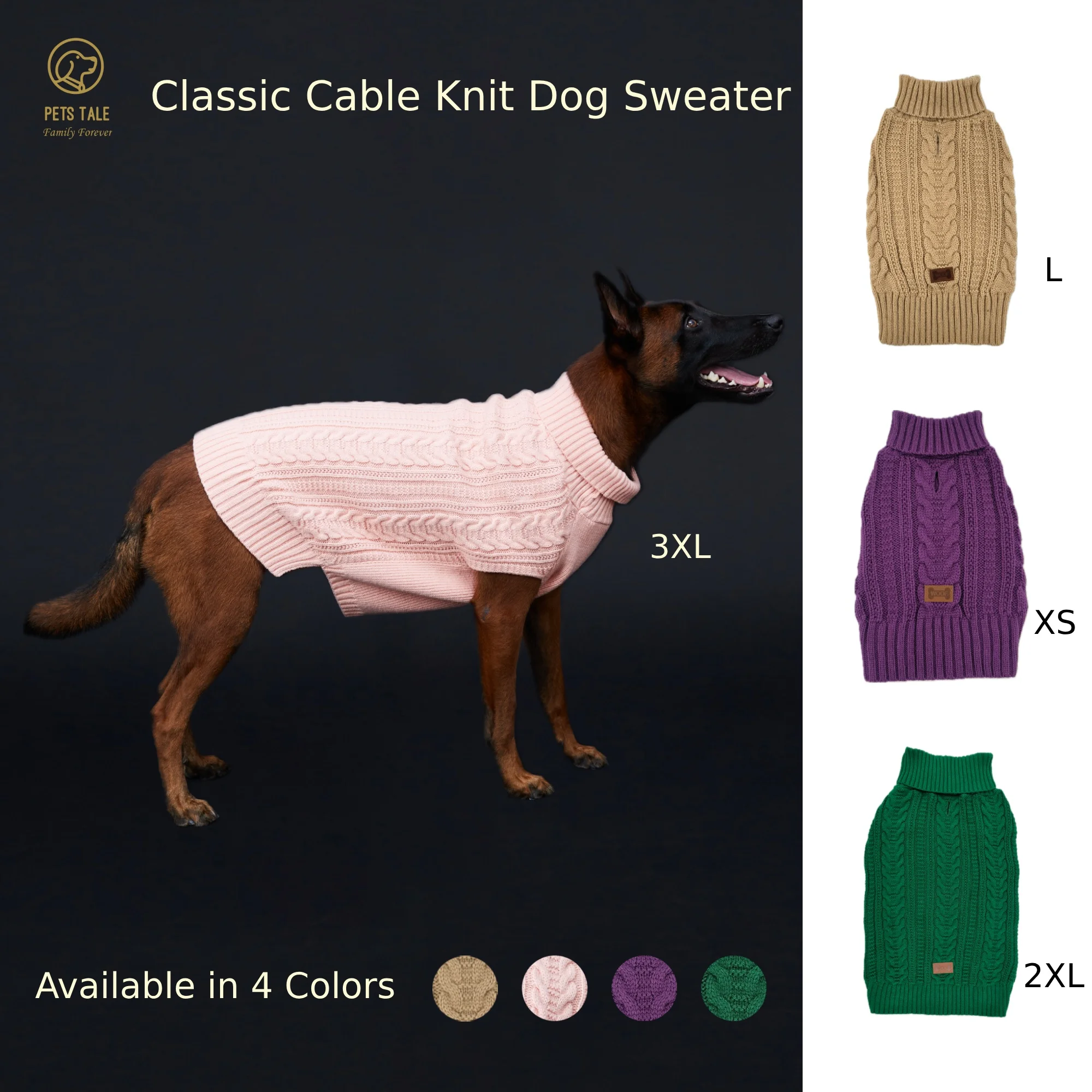 Cable Knit Dog Sweater - Soft High Collar Design with Leash Hole, Available in 4 Colors: Pink, Khaki, Green, and Purple