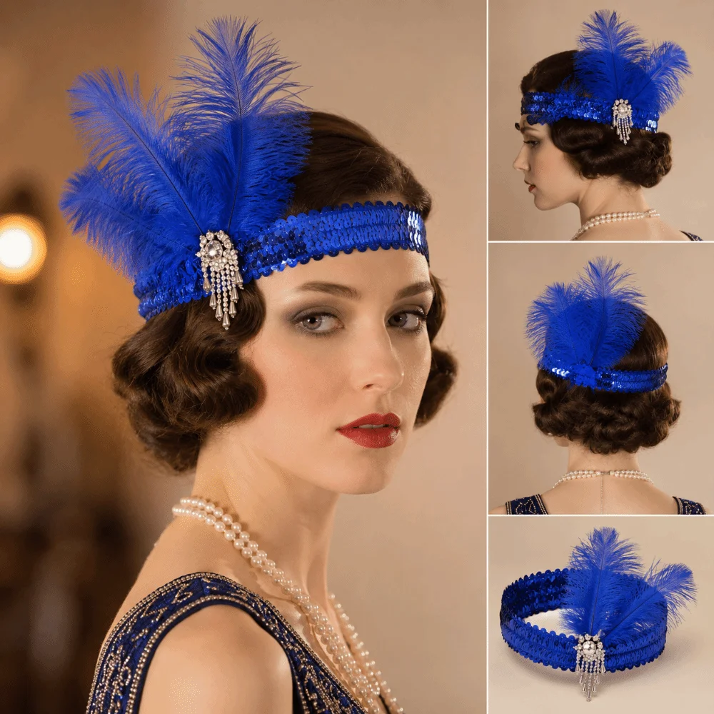 Retro Women's Feather Headband Sequin Beaded Feather Headpiece Tassel Decorative Feather Headdress Stage Performance