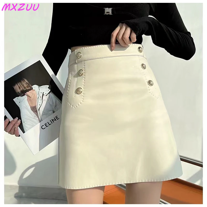 

Autumn Clothing For Women Handmade Arch Needle Lambskin Wrap Hip Jupe Femme High Waist Slim Pink/White/Brown Real Leather Skirt