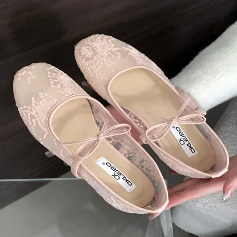 

Mesh Lace Flat Mary Jane Shoes Women Fashion Bowknot Round Toe Breathable Sandals Comfortable Non-slip Buckle Brand Ballet Shoes