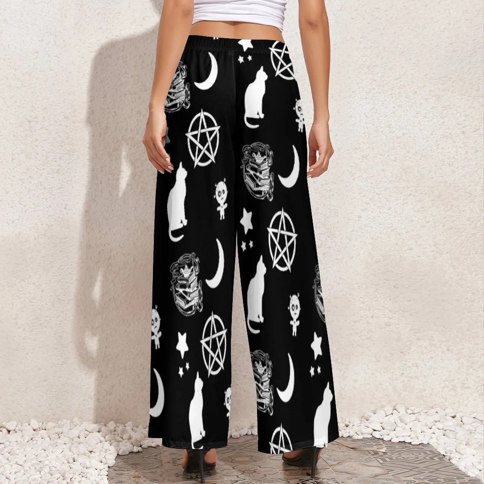 Dark Gothic Print Pants Summer High Waist Cat Star Moon Sexy Wide Leg Pants Woman Oversize Beach Printed Straight Trousers