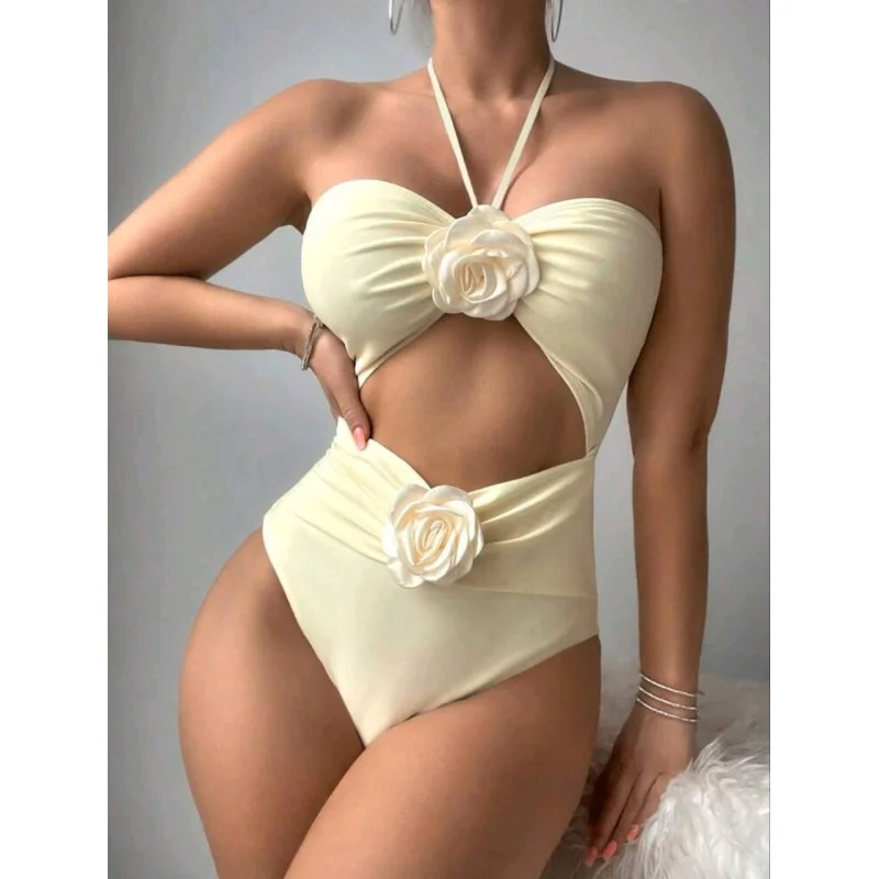 2024New Three-Dimensional Flower3DFlower Halter One-Piece Bikini SwimsuitinsLazadaSexybikini