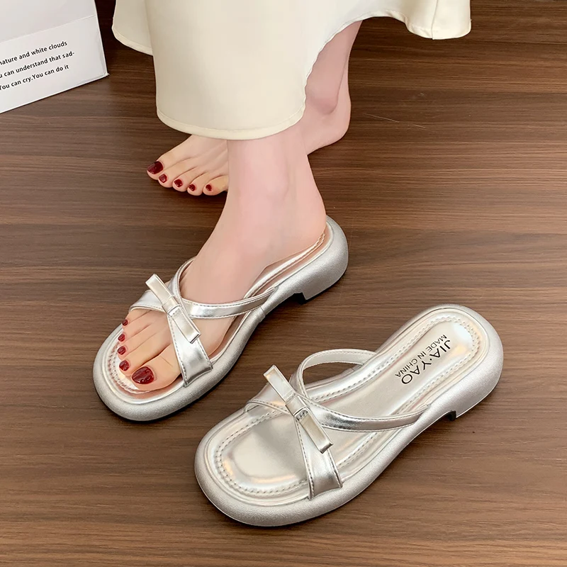 Sommer Damen Mode Schleifenverzierte Slide-Sandalen mit Kreuzriemen, Niedrigem Absatz und Rutschfester Sohle für Outdoor, Strand und Alltag