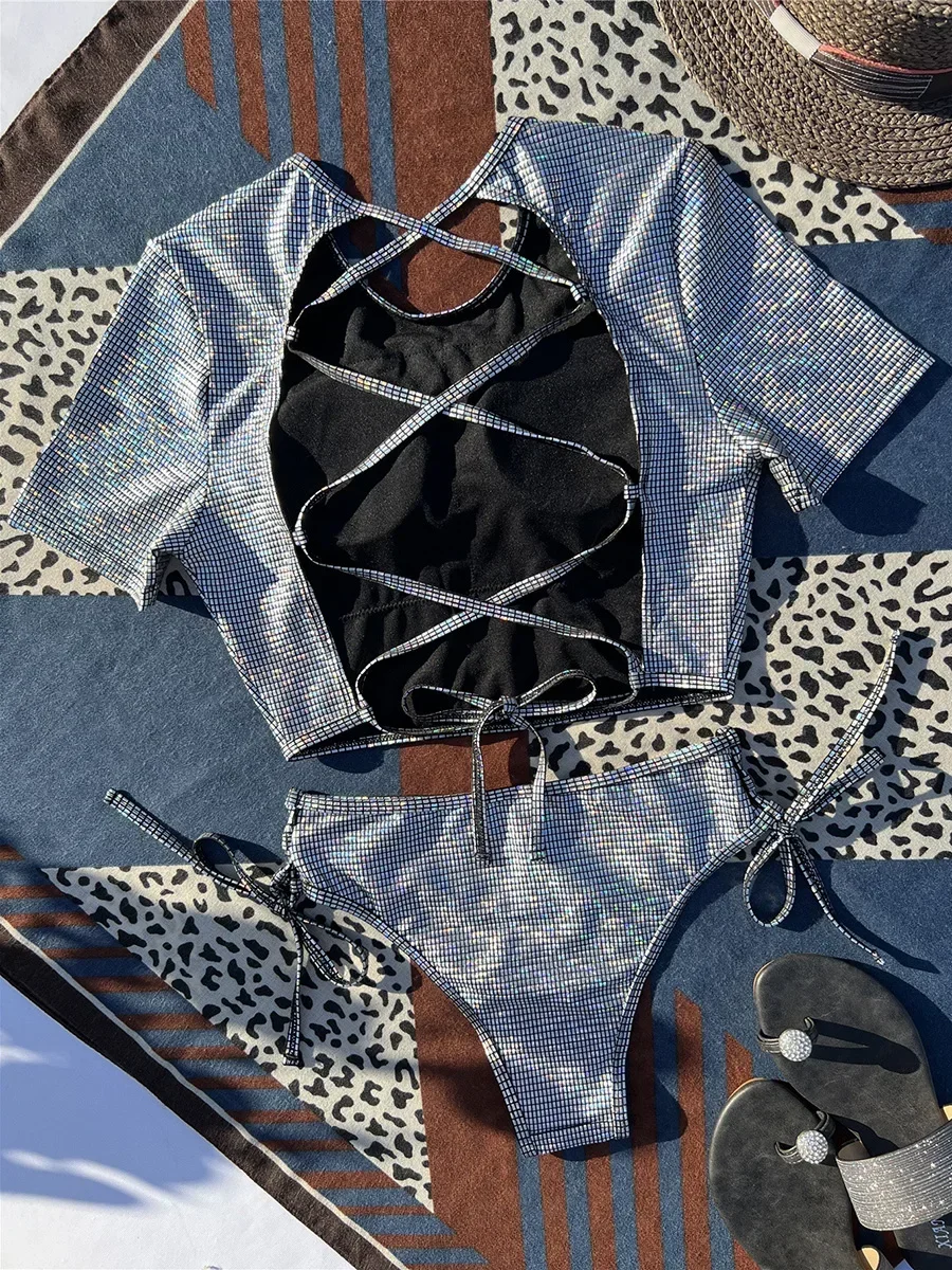 Bikini de lentejuelas brillantes de manga corta para mujer, traje de baño femenino de dos piezas, conjunto de bikini con espalda cruzada, bañador sin espalda