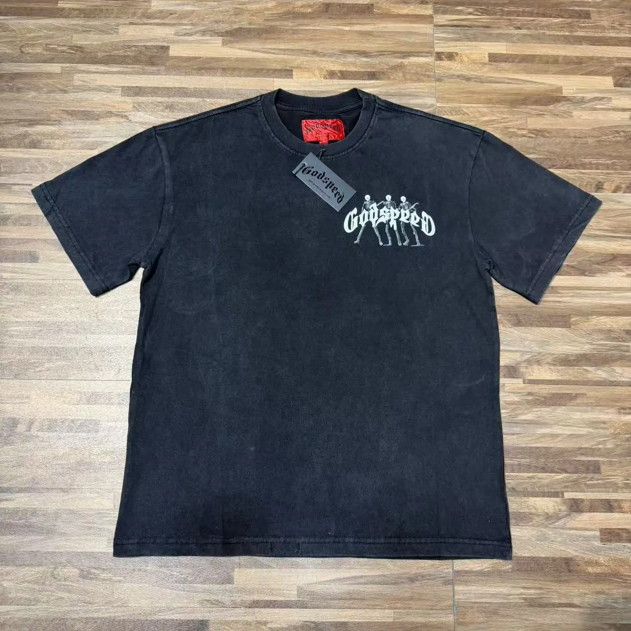 Godspeed Rock Guitar Skull Man High Street Hip Hop Washed Vintage Heavyweight Pure Cotton Short Sleeve T-Shirt Street Style C...