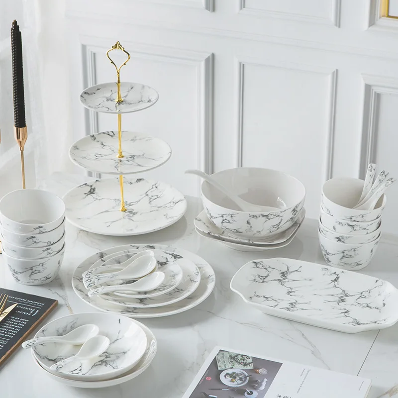 

Home Kitchen Plate Full Set Food Dishes Luxury Microwavable Dinner Serving Plate Marble Pratos De Jantar Complete Tableware Set