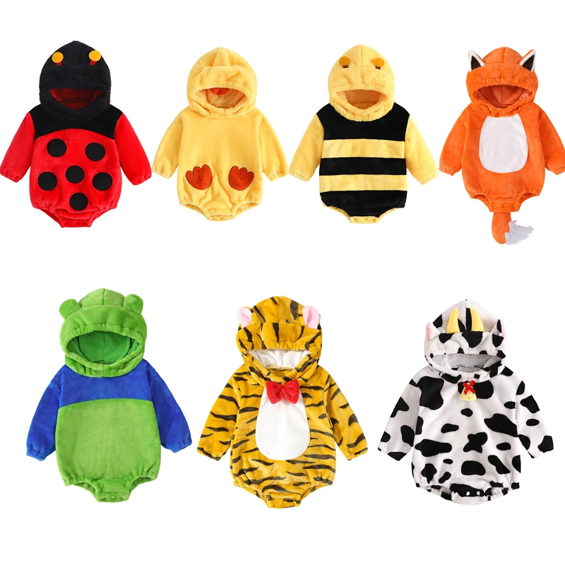 Infant Boy Girl Halloween Animal Bee Costume Newborn Baby Flannel Hooded Romper Fall Winter Long Sleeve Fleece Bodysuits