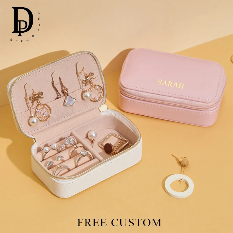 Travel Zipper Watrproof Jewelry Box Protective Engrave Name Luxury Storage Box Woman Portable Necklace Earring Jewelry Case Gift