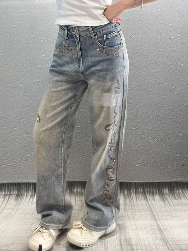 

Spring High Waist Wide Leg Jeans Women's Premium Embroidery Rhinestone Denim Pants Casual Sle Multi ket Waed Blue