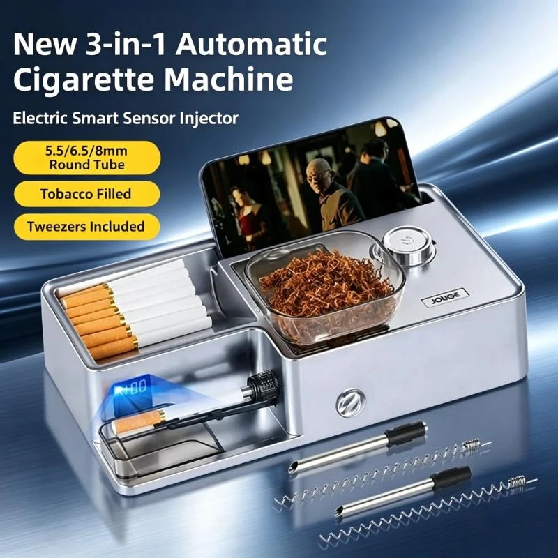 Practical 3‑in‑1 Smart Sensor Electric Cigarette Machine Automatic Tobacco Injector 5.5/6.5/8mm Round Tube, Tweezers