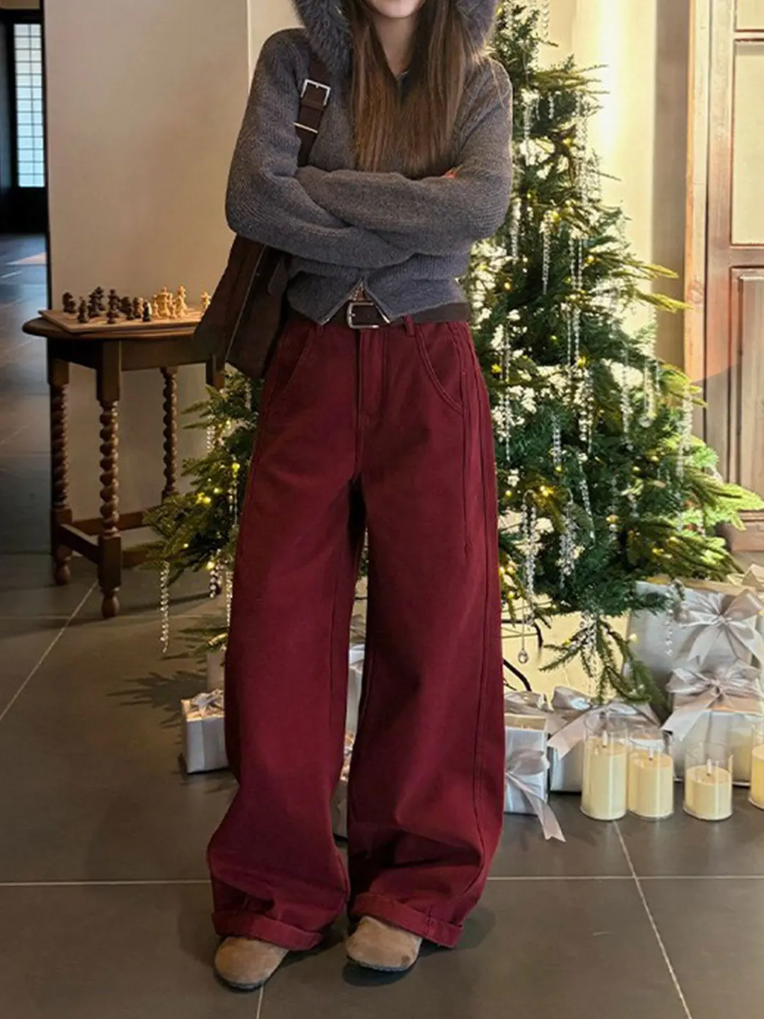 

Женские зимние брюки Slim Fit с широкими штанинами, новые, из хлопковой смеси, с разрезами, прямые, повседневные, с высокой талией