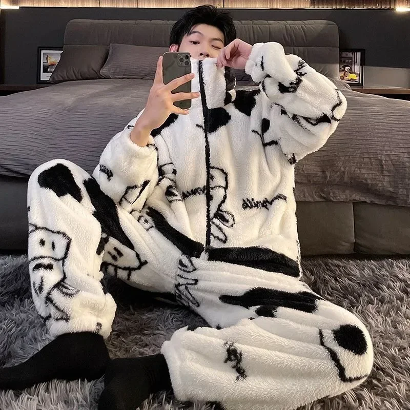 Coral Velvet Pajamas Men Winter Loungewear Suit Plush Thickened Sleepwear Warm Printing Casual Male Home Clothing Set Pijamas