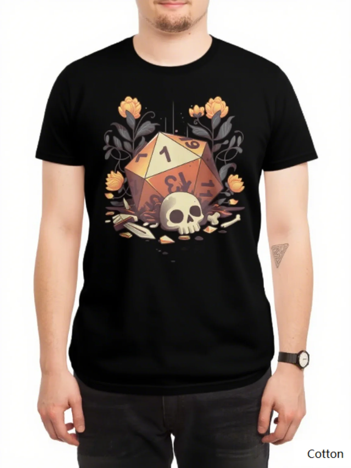 تي شيرت قطني فريد من نوعه مستوحى من آر بي جي برقبة دائرية يظهر تصميمًا حيويًا لزهور النرد والجمجمة والقطع المكسورة رائعًا