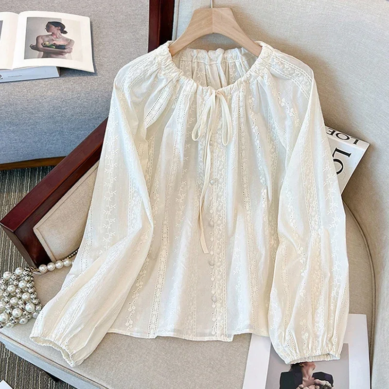 

Retro O-neck Lace-up Women Blouse Korean Chic Loose Sleeve Shirt Elegant Hook Flower Hollow Office Lady Tops Blusas Mujer 29515