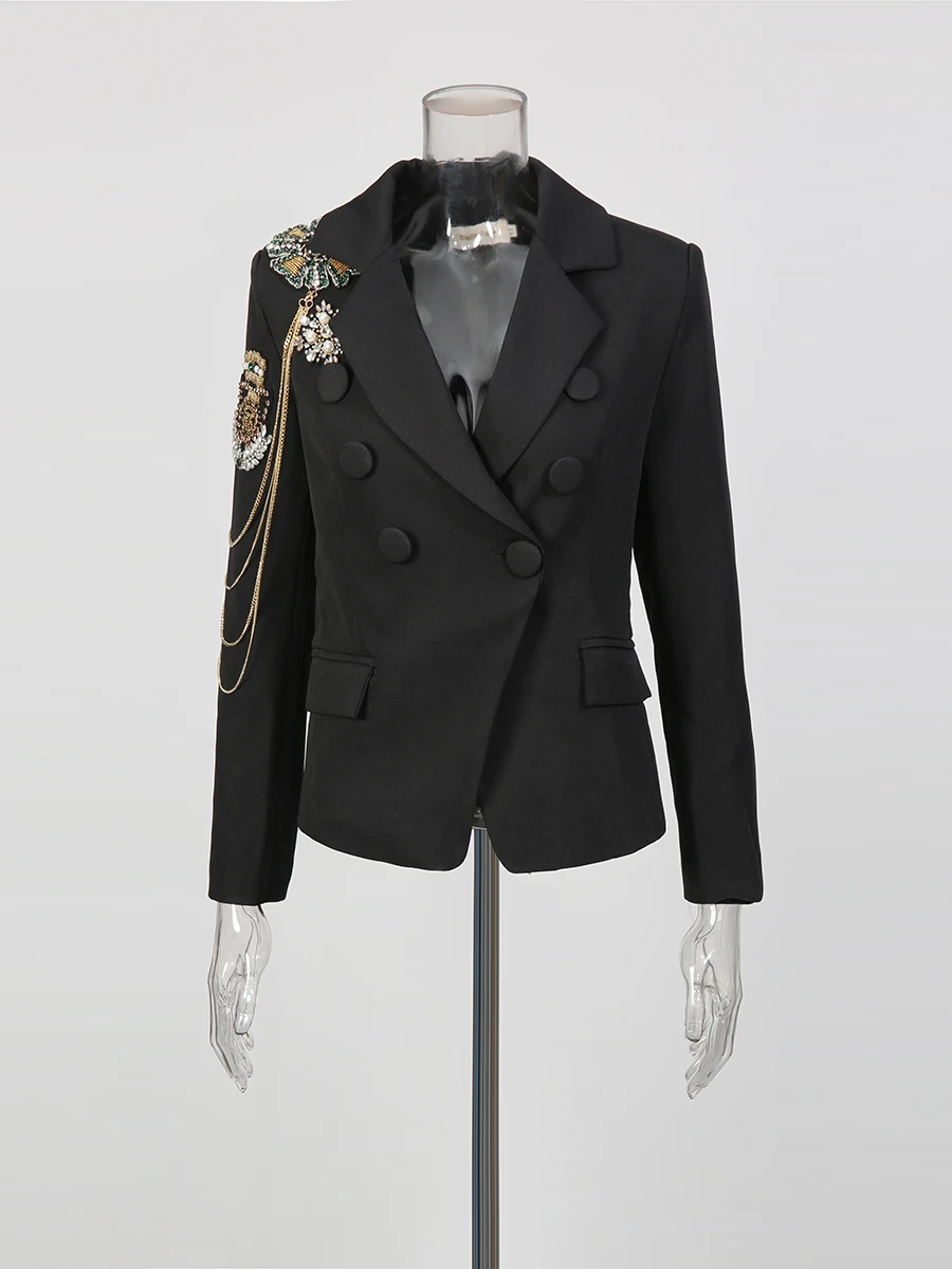 TWOTWINSTYLE Slimming Spliced Bead Temperament Blazers for Women Lapel Long Sleeves Patchwork Chains Fashion Blazer Female New