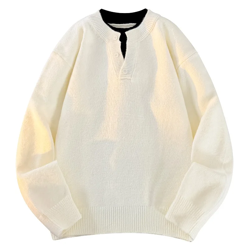 Men Women Fall Winter New V Neck Button Knit Sweater Fake Two Piece Design Loose Casual All Match Knit Tops