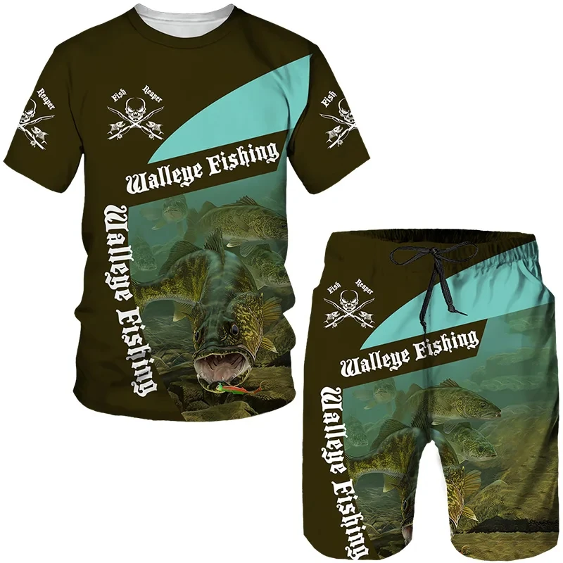 

2025 Retro 3D Printed Men's Outdoor Fishing Printed Shorts 2-piece Set Round Neck T-shirt Fashion Men's Sportswear Clothing