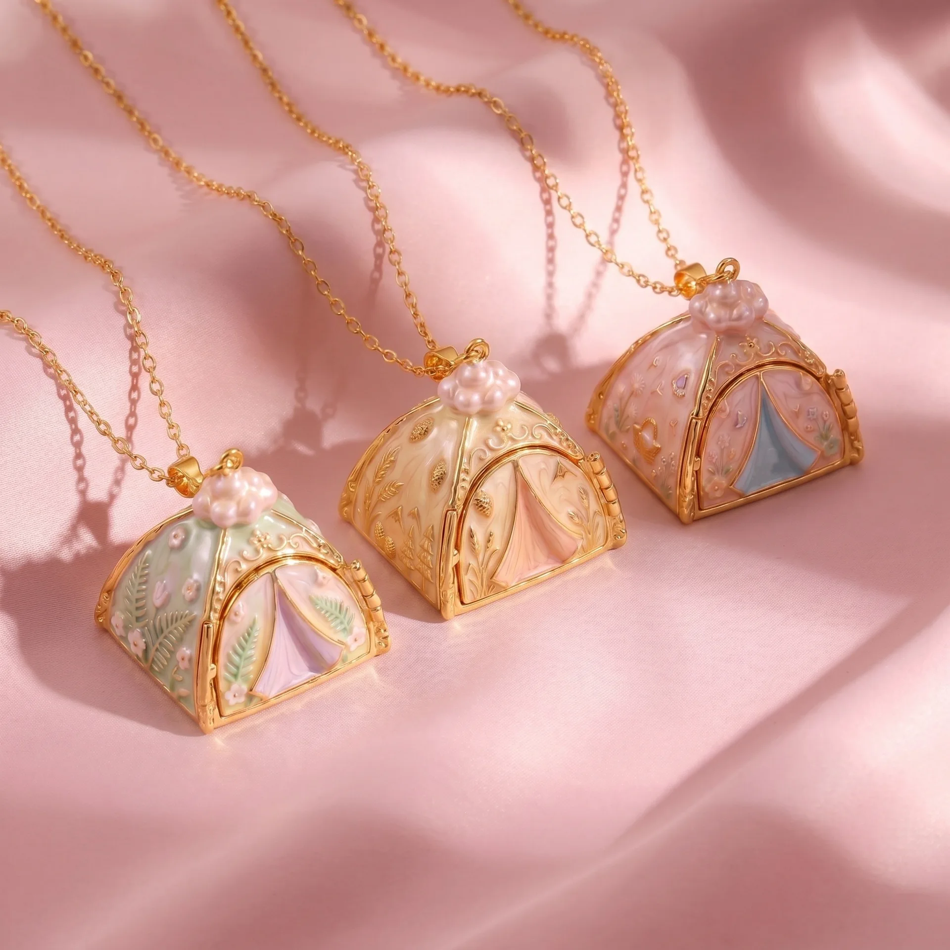 Opening and Closing Enamel Figurine Tent Necklace Camping Picnic Cloud Flower Box Necklace for Women Geometric Pendant Necklace