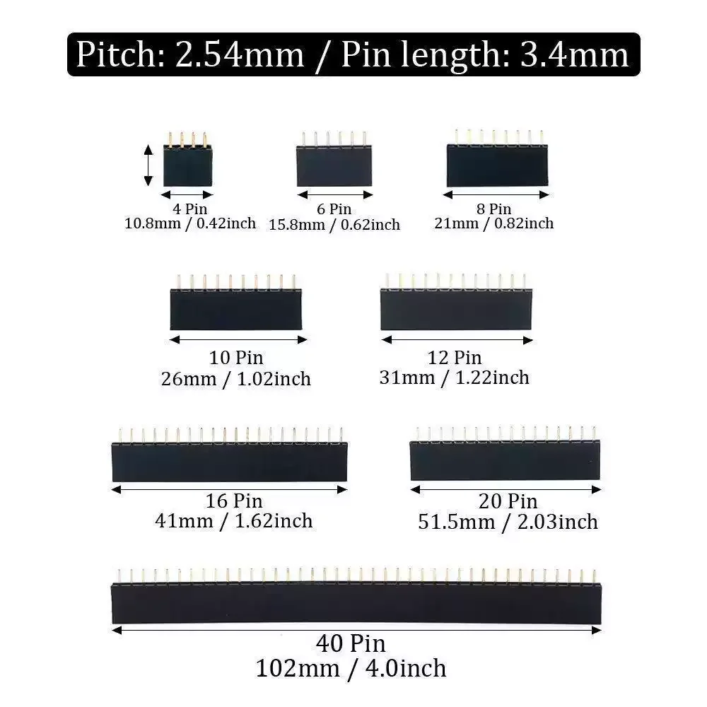 120PCS 8 Types Single Row Female Header Socket Kit 4Pin-40Pin 2.54mm Pitch Straight Single Row PCB Board Female Pin Header Socke