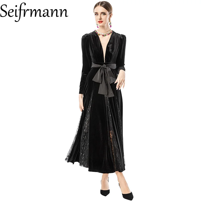 Seifrmann 2026 Spring Women's New Fashion Light Luxury V-neck Long Sleeve Velvet Spliced Lace Waist Dress