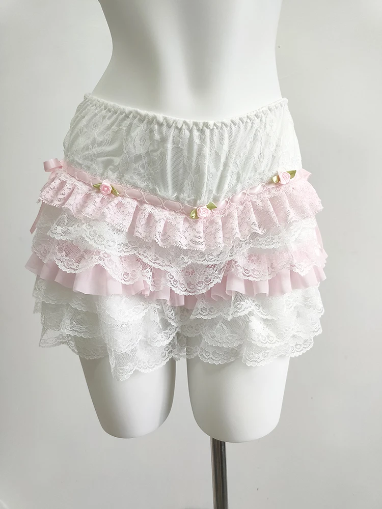 

Cute Shorts for Sweet Girls Flowers Pink Lace Patchwork Elastic Waist Lolita Style Multilayer Bottoming Shorts Kawaii Clothes