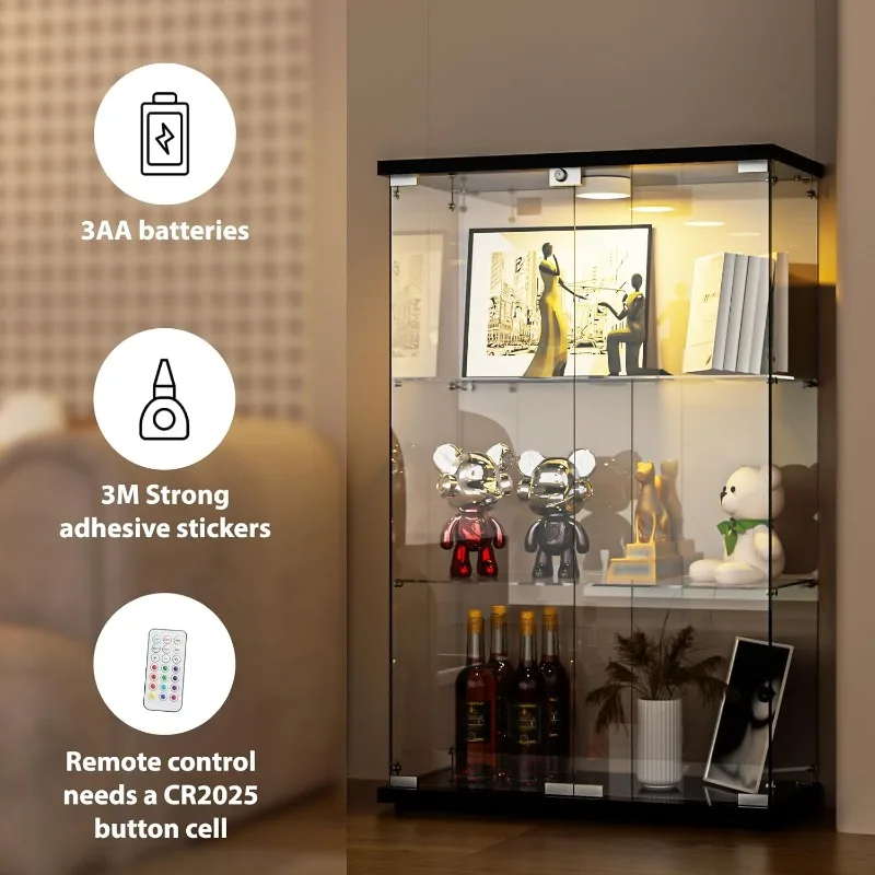 Vetrina in vetro con luce LED, 2 ante e serratura, armadietto per curiosità a 3 ripiani in stile ad installazione rapida Vetro temperato da 5 mm B