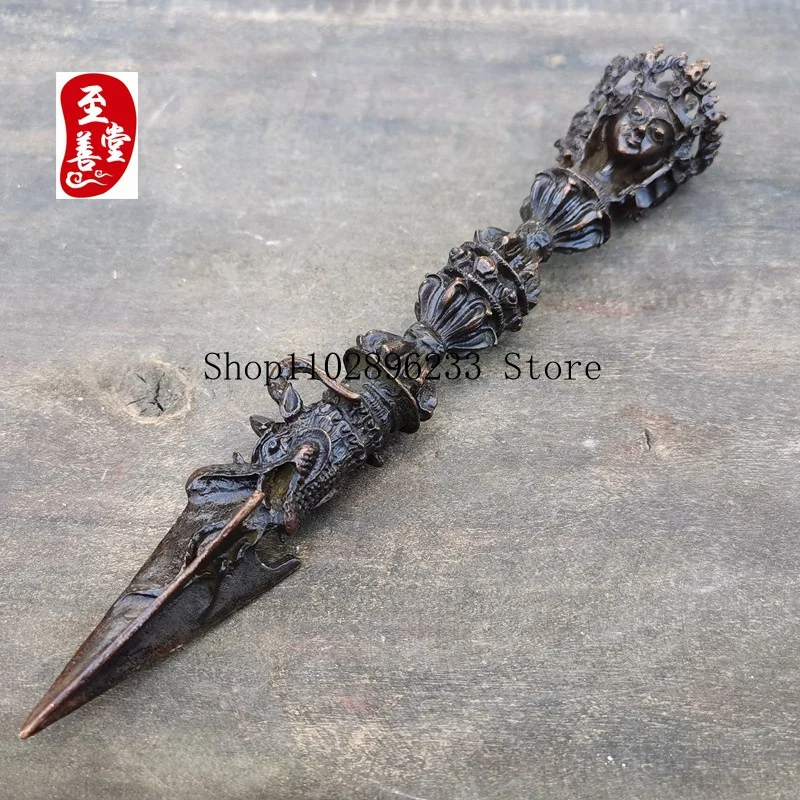 Antique-style bronze alloy decorative piece for living room, featuring a three-sided Buddha and Vajra, with an aged patina3*20CM