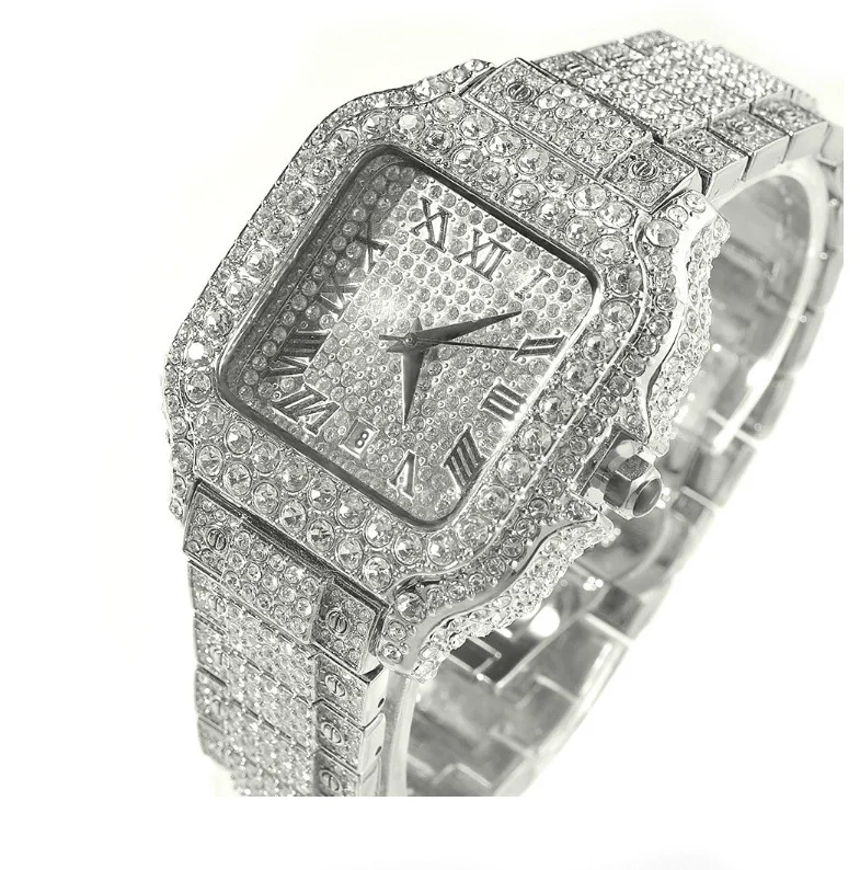 Orologi da uomo hip-hop europei e americani, moda, diamanti quadrati, orologi in scala romana, orologi con quadrante grande di fascia alta di nicchia