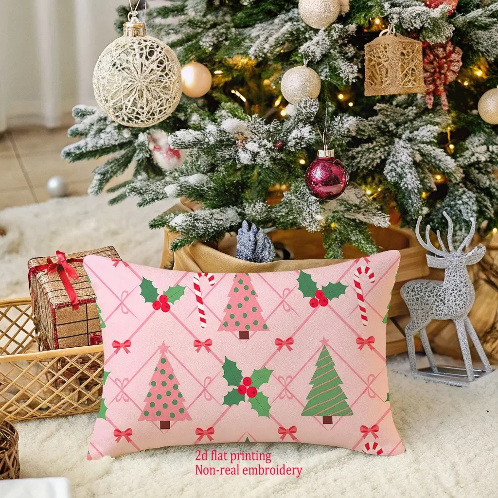 ¡fundas de almohada Festivas con estampado de arbol de Navidad rosa para un acogedora decoración navideña! فوندا دي كوجين #3