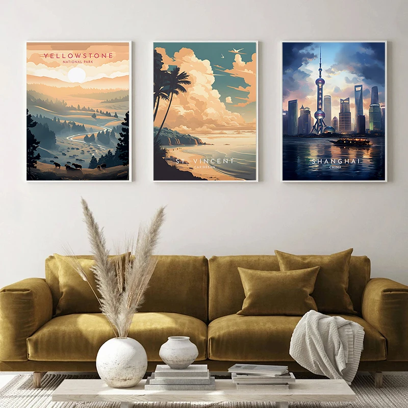 Santorini Scafell Pike Seattle Seoul Shanghai Serengeti Posters Canvas Painting Wall Art Pictures Living Room Home Decor Gifts