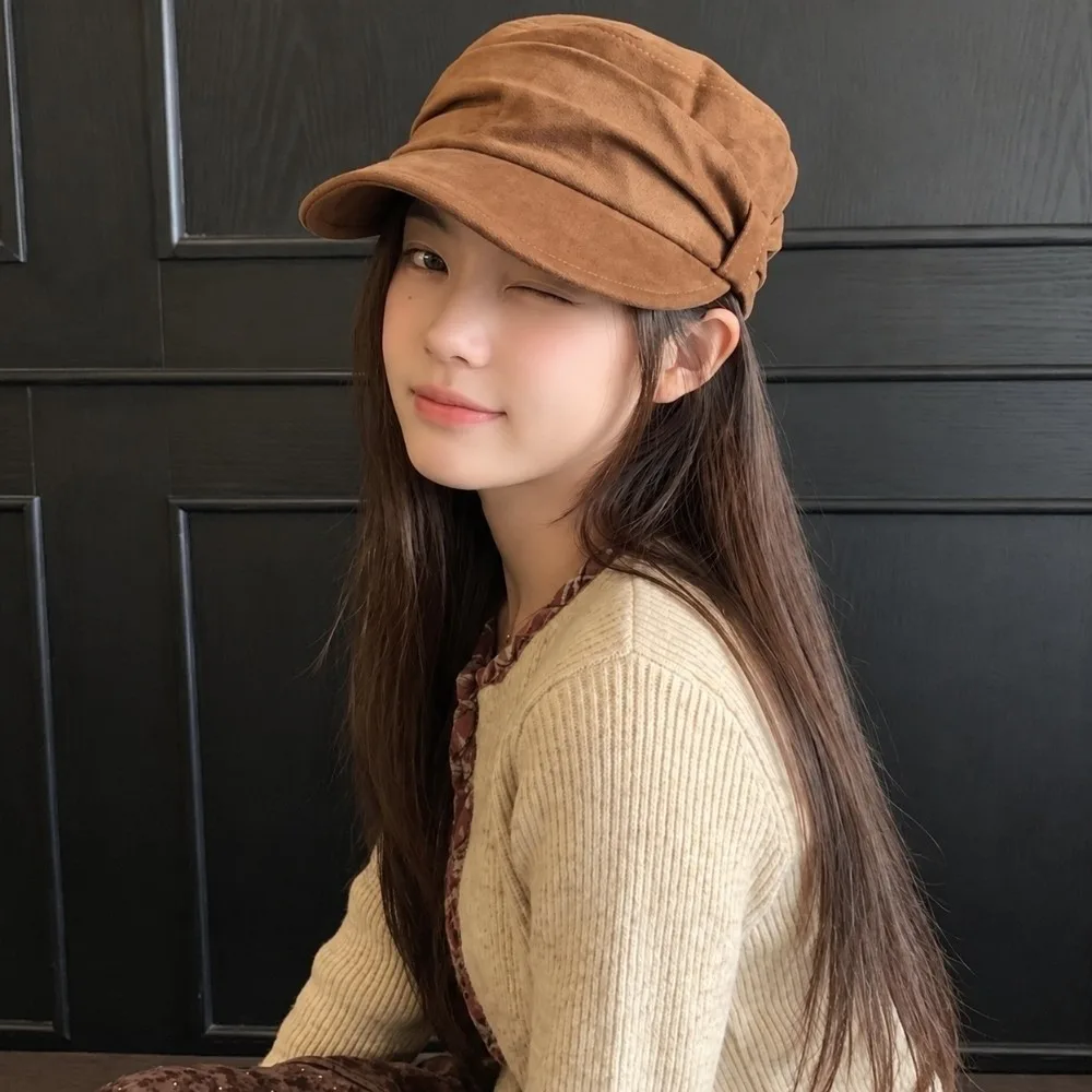 Warm Ruched Equestrian Hat Wind Resistant Large Head Size Octagonal Cap Suede Adjustable Inner Band Japanese Minimalist Hat