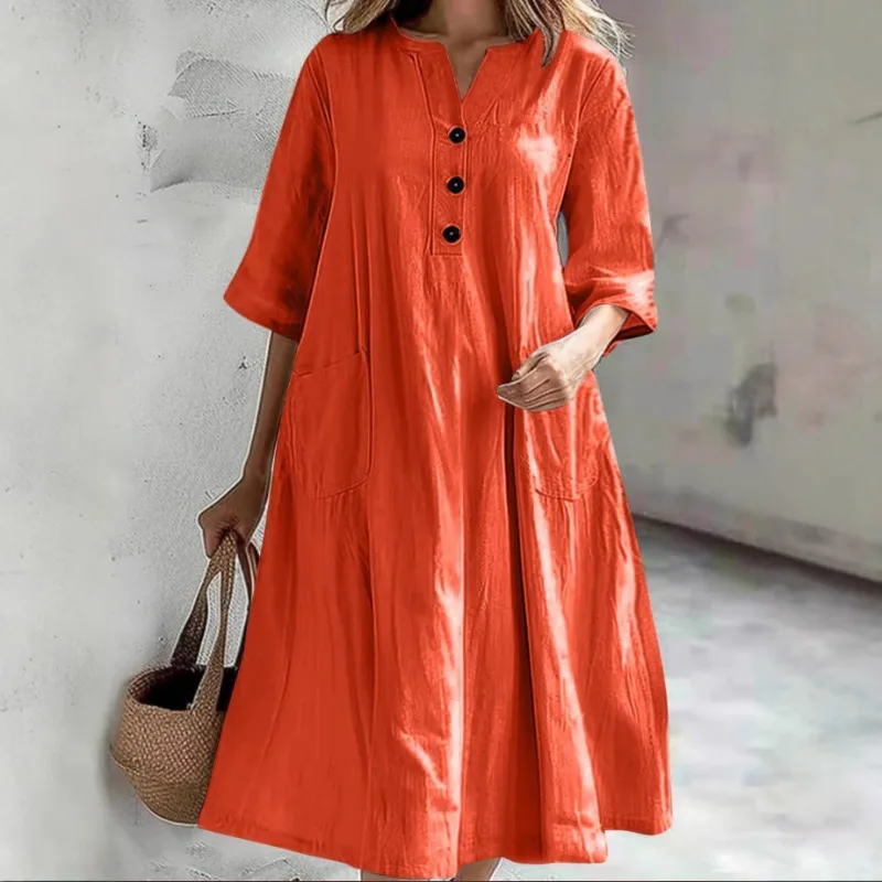 

2025 Summer Solid Loose Casual Dress Women V Neck Half Sleeve Buttons Pockets Vacation Beach Versatile Dresses