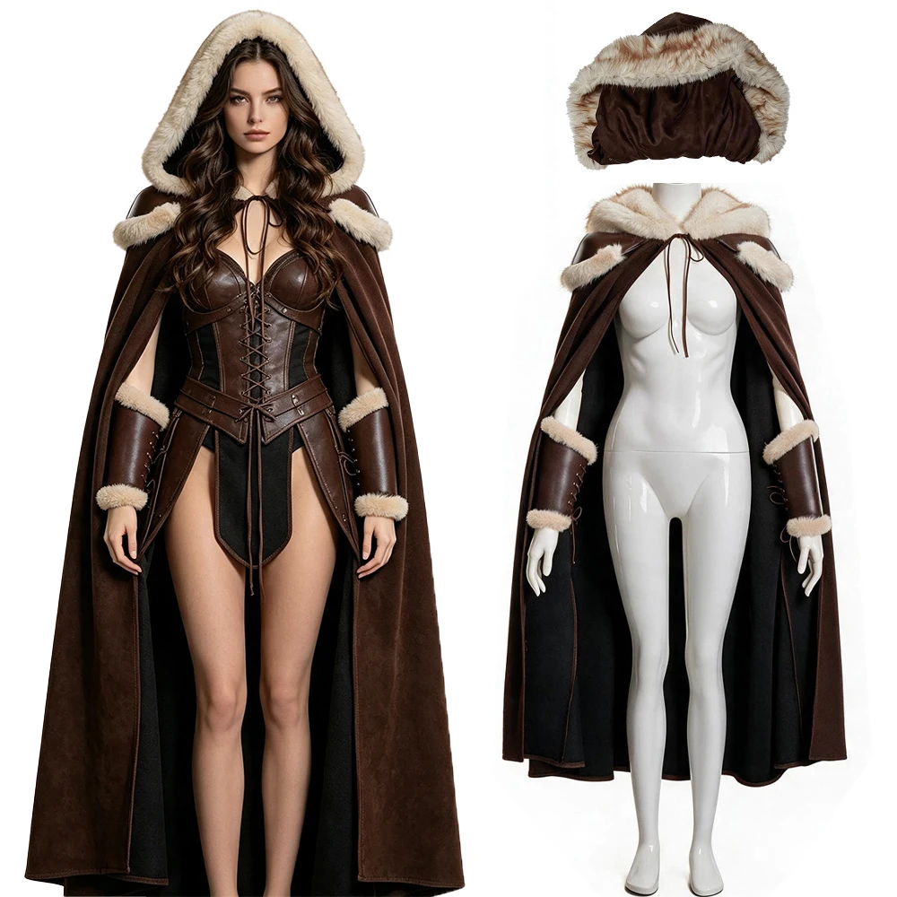Women New Viking Barbarian Cape Goddess Warrior Plush Cape Retro Plush-Trimmed Hooded Cloak Set Medieval Retro Halloween Costume