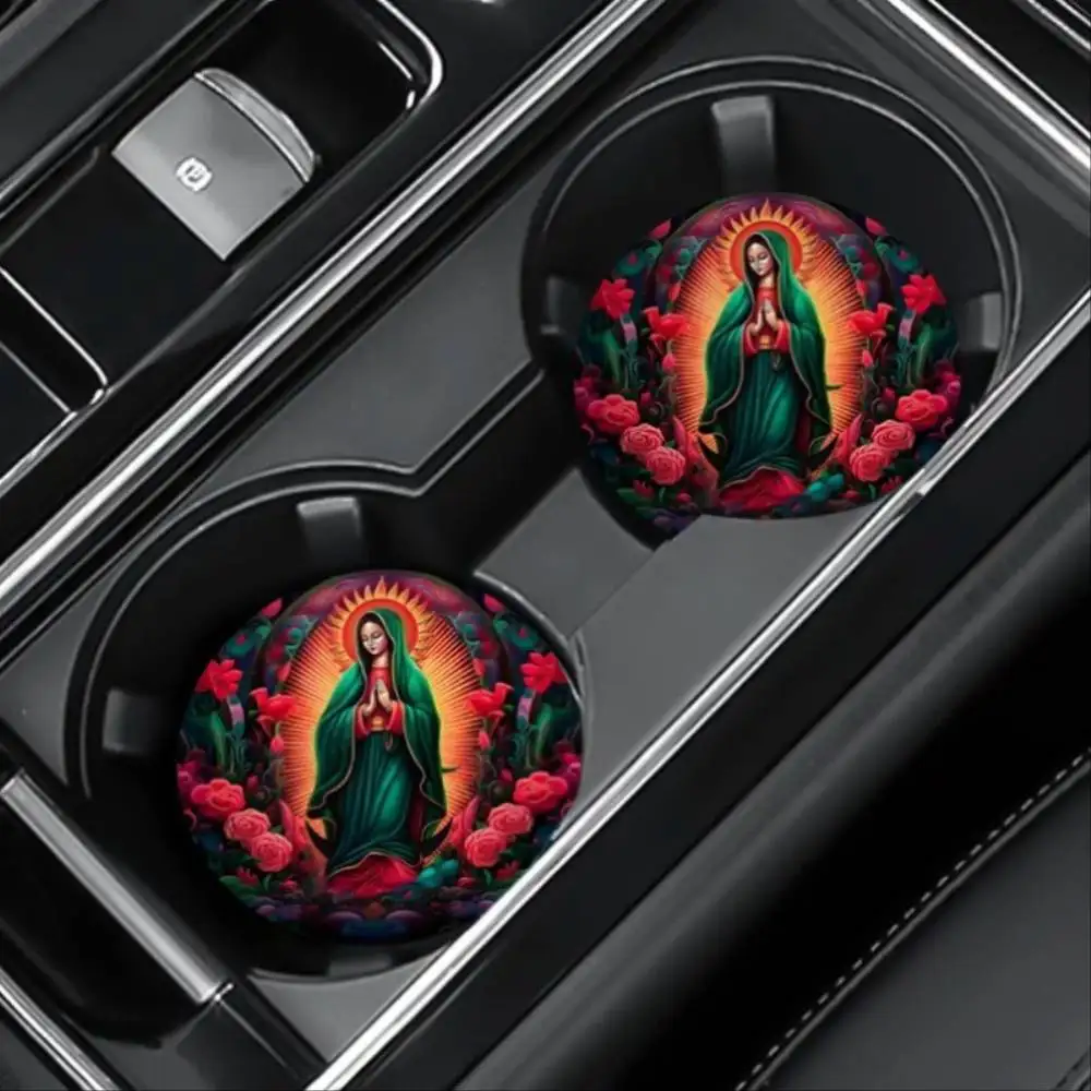 Red Flowers Virgin Mary EVA Car Coasters Car Cup Holder Decor Holiday Gift