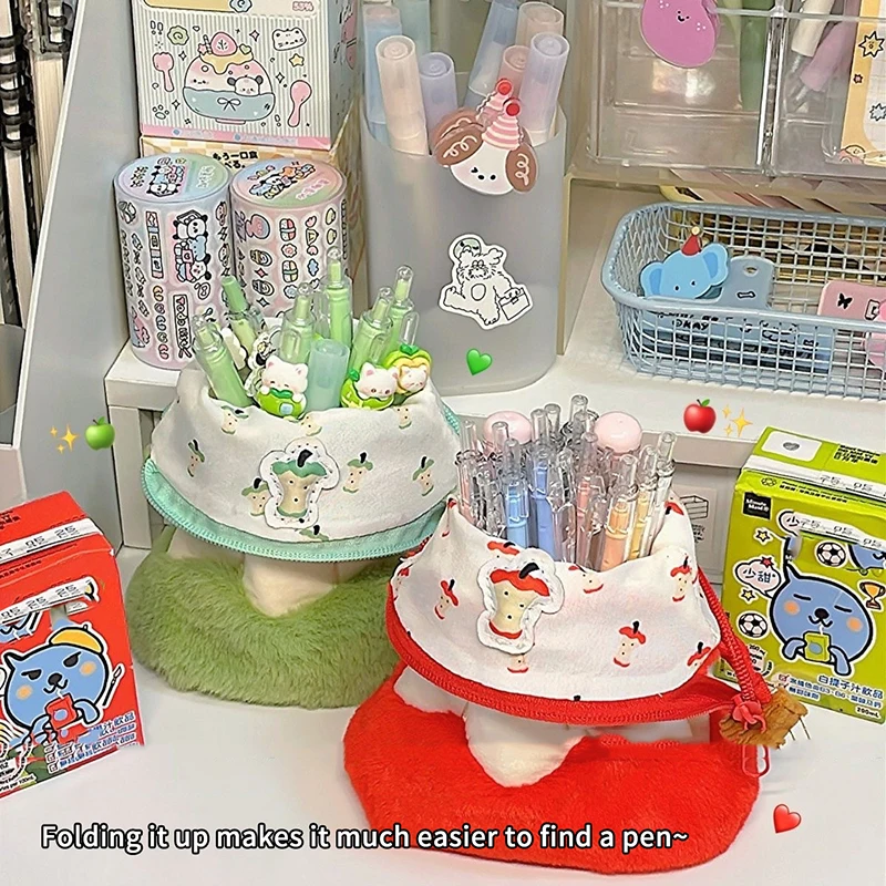 Cute Plush Fruit Core Pen Bag Two-sided Pattern Large Capacity Pencil Case Cartoon Stationery Organizer Creative Pen Container