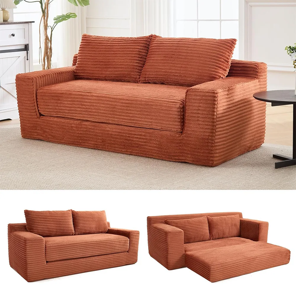 Assembly Corduroy Vacuum Compressed Sleeper Sofa Convertible Extendable 2-Seater for Living Room Comfortable Cushions
