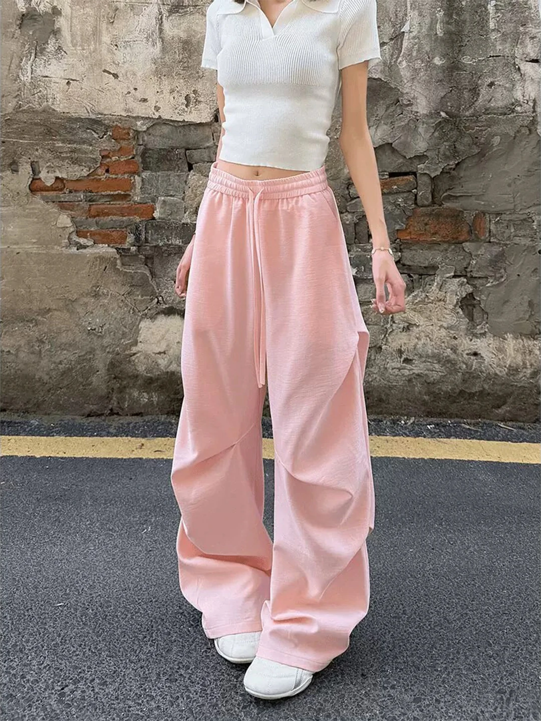 Dopamine Pink Sakamoto Pants Men Women Summer Thin American Folded Paratrooper Pants Straight Drapey Ice Silk Pants