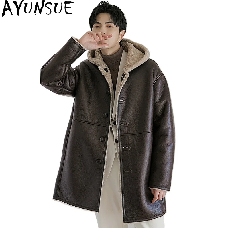 AYUNSUE Natural Wool Fur Coat Man Genuine Leather Jacket Hooded Autumn Winter 2025 Warm Mid-length Brown Real Fur Coats Jackets
