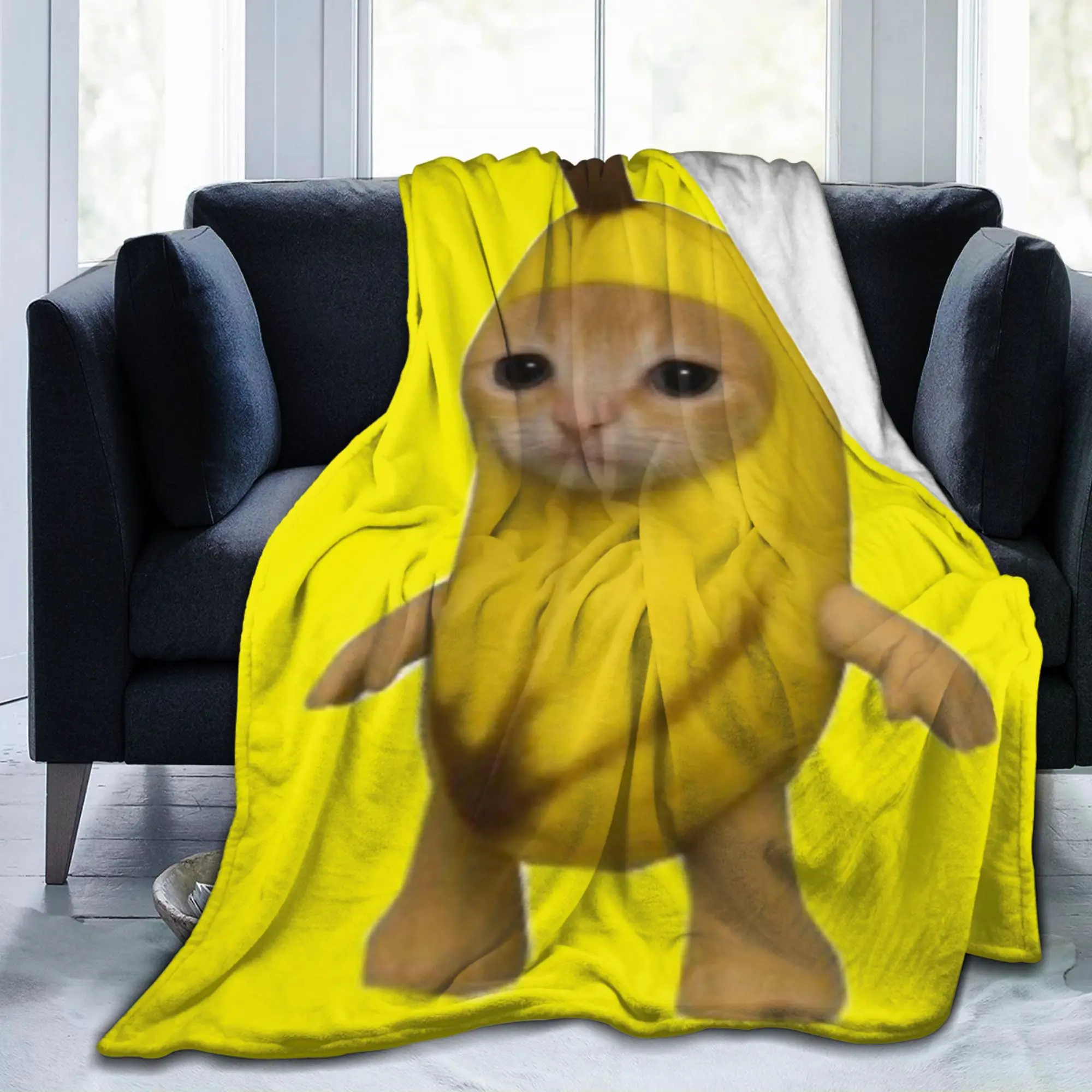 Banana Cat Happy Bananacat Meme Kawaii Yellow Blanket Cover Fuzzy Throw Blankets Bedding Couch Personalised Bedspread