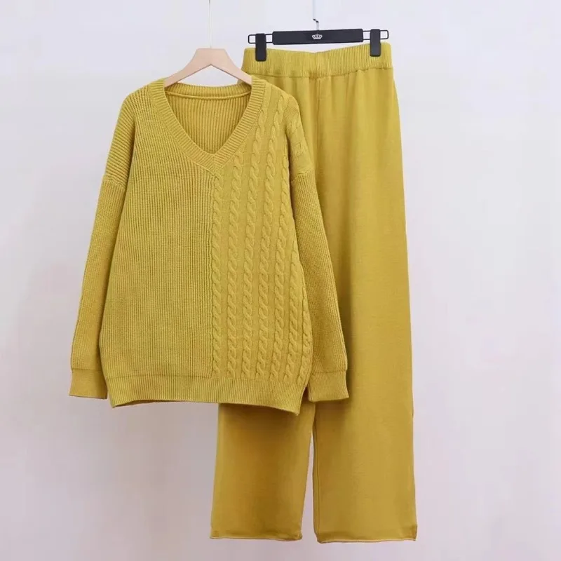 Ensemble 2 pièces pour femmes, pull irrégulier tricoté, pantalon à jambes larges, costume d'automne, nouvelle collection E12289