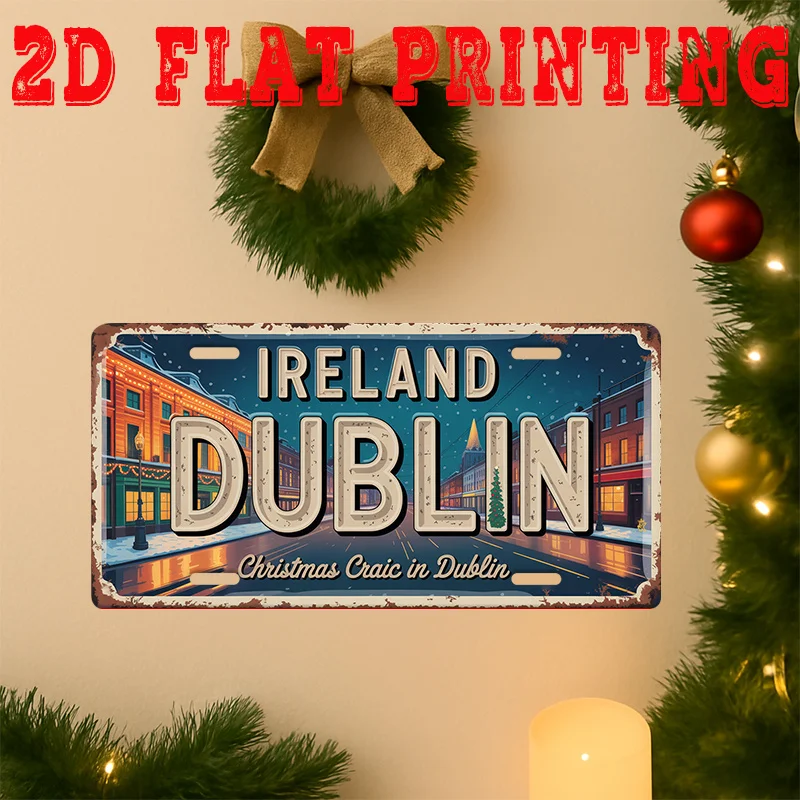 Ireland Dublin Christmas Craic 2D Flat Printing License Plate Style Metal Tin Sign, Festive Irish City Street Themed Decorative