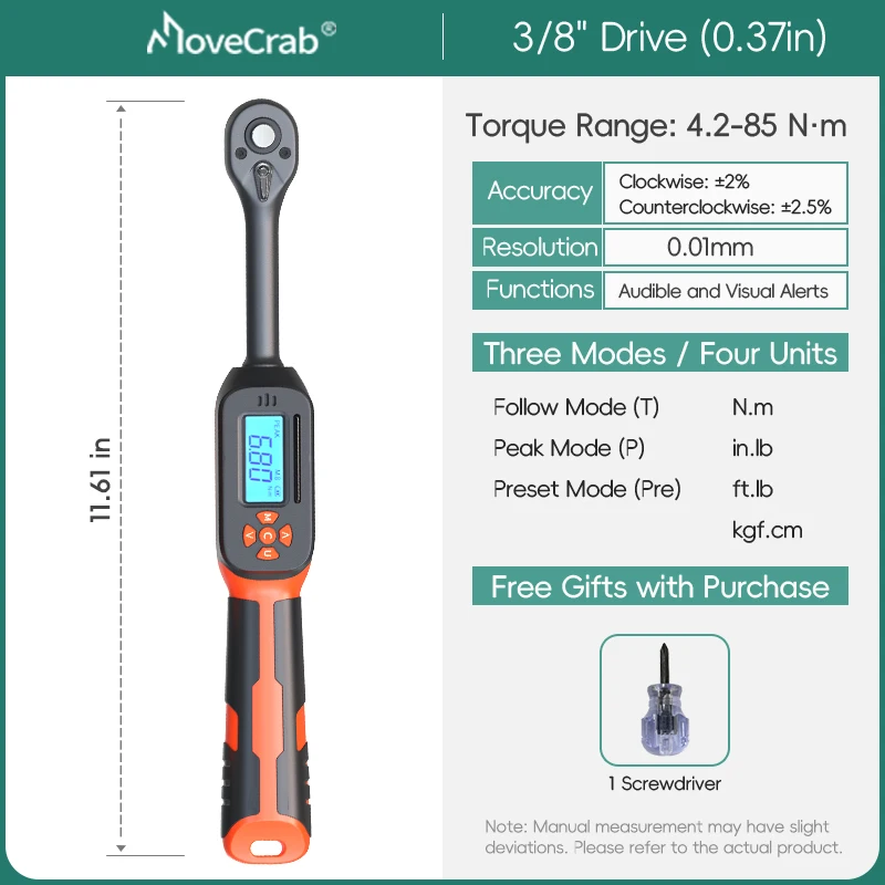MOVECRAB Digitale momentsleutel 0,6-340N.m 2% nauwkeurigheid Vooraf ingestelde en LED/zoemerwaarschuwingen voor fietsmotoren Automotive mechanisch gereedschap