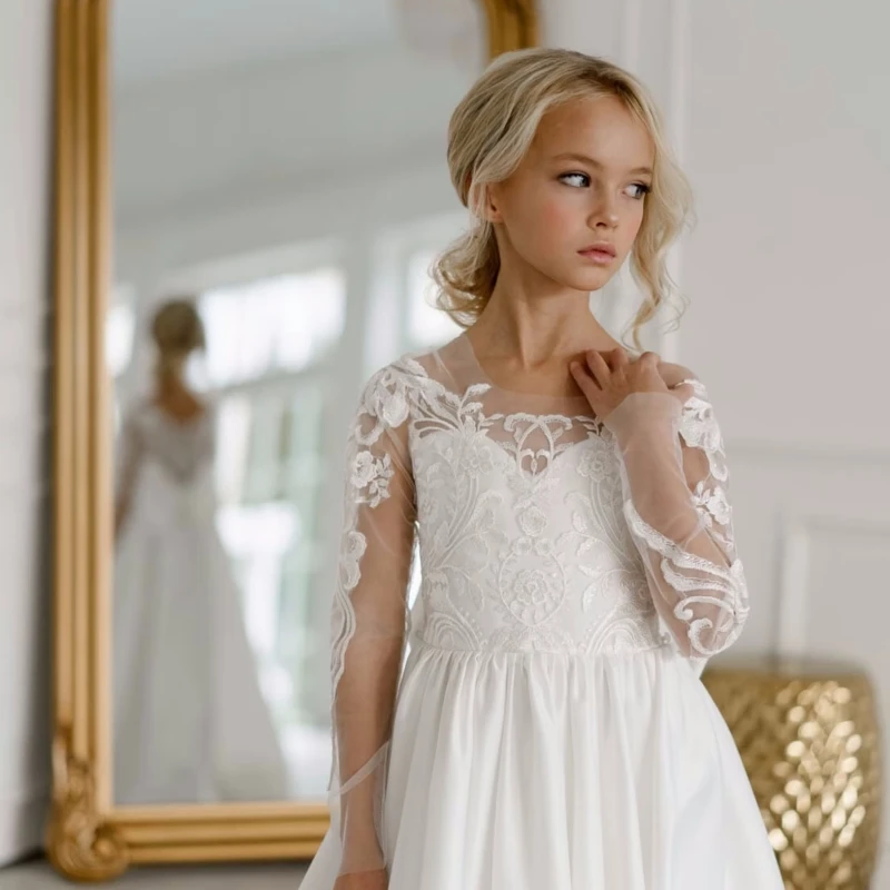 Robes de demoiselle d'honneur blanches en satin, appliques à motifs blancs avec nœud, manches longues pour mariage, fête d'anniversaire, première communion, quoi que ce soit