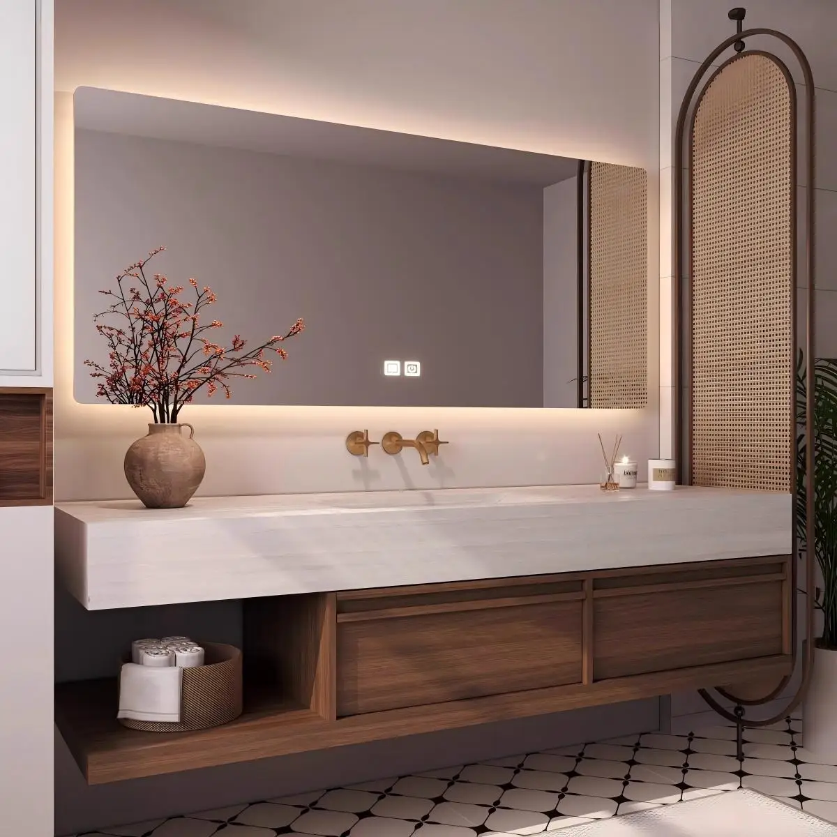 Custom Mid-Century Vintage Travertine Color Slate Bathroom Cabinet, Hot-Bent Seamless One-Piece Sink, Bathroom Washbasin Vanity